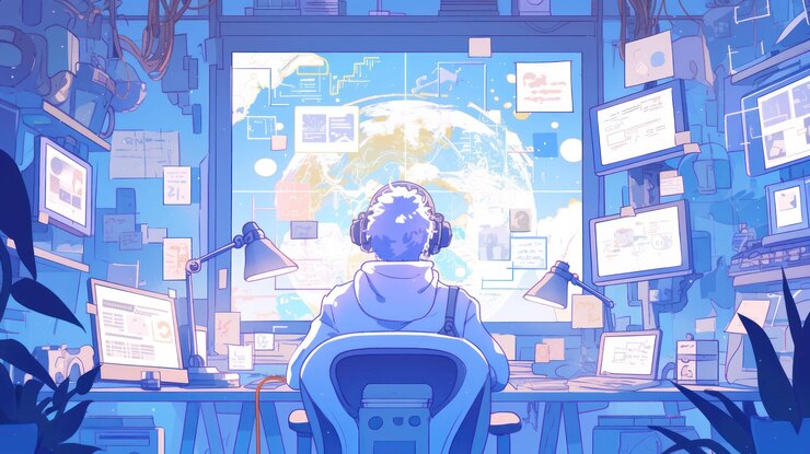 PSD a young man sits at a desk in a cluttered room with a large map of the world behind him working on his computer