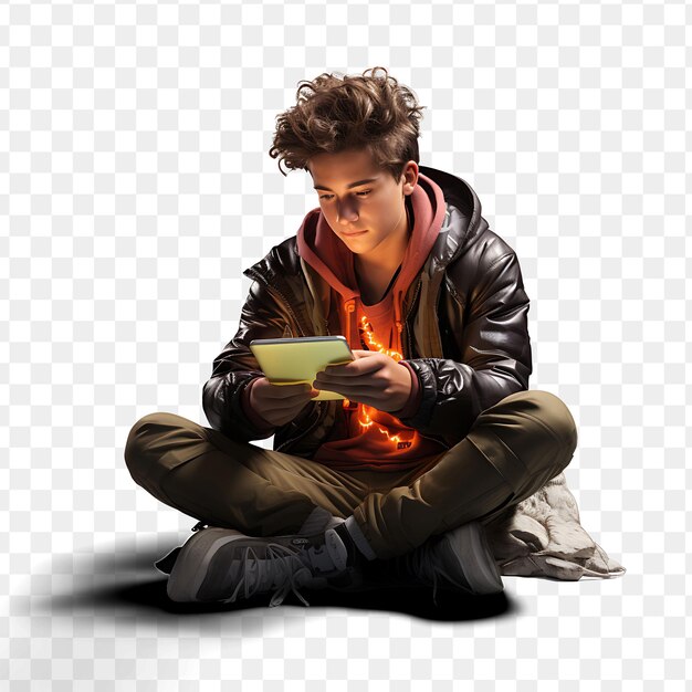 PSD a young man sits on the floor and holds a cup of tea