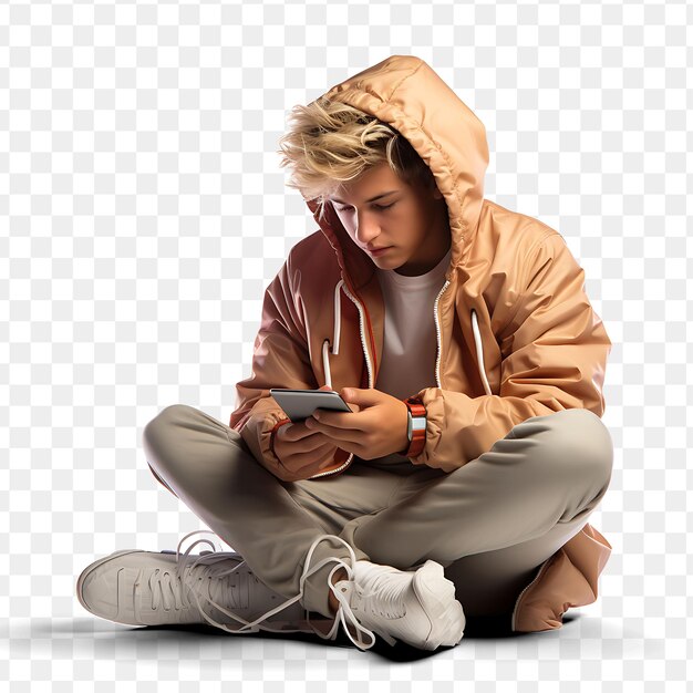 PSD a young man sits on the floor and looks at his phone