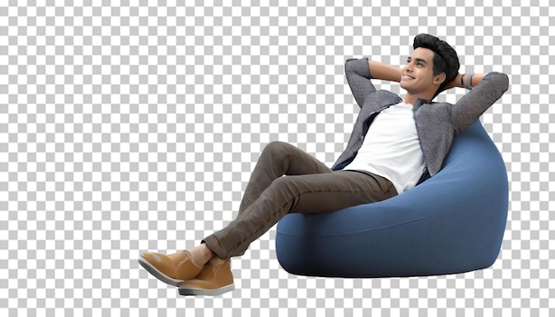 PSD young man sitting in beanbag chair and relaxing isolated on transparent background