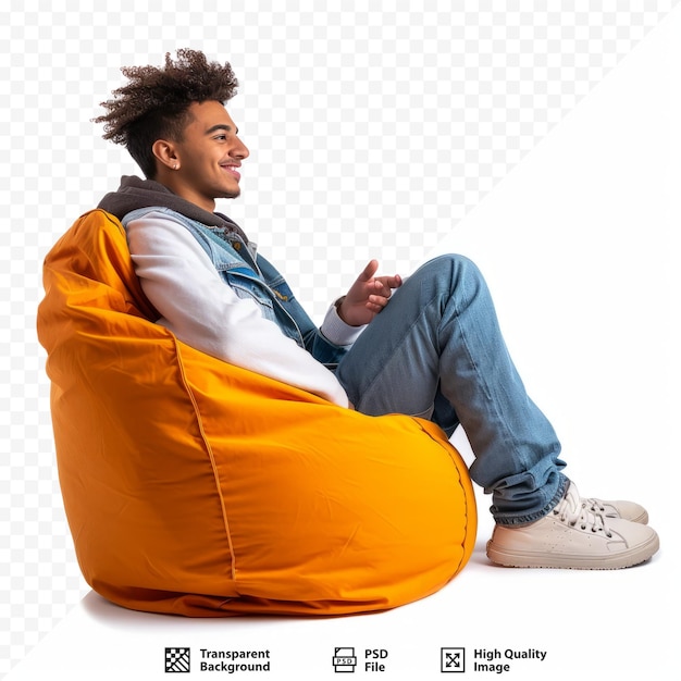 Young man sitting on a beanbag chatting isolated on a white isolated background