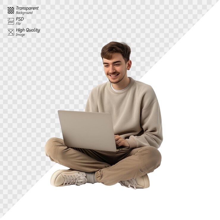 PSD young man sitting crosslegged using laptop with a smile