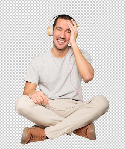 PSD young man in sitting position with a doubt gesture