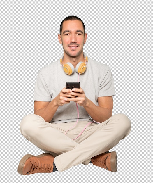 PSD young man in sitting position with a satisfaction gesture