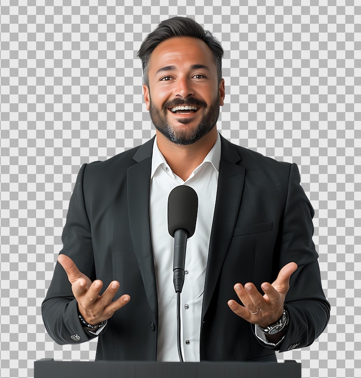 PSD young man speaker on a pedestal gesturing on a transparent background