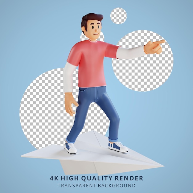 Young man standing on a giant paper plane 3d character illustration