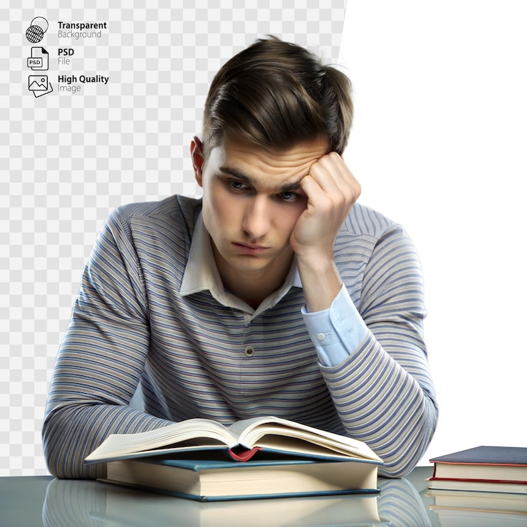 PSD young man in thoughtful pose studying a textbook at a desk