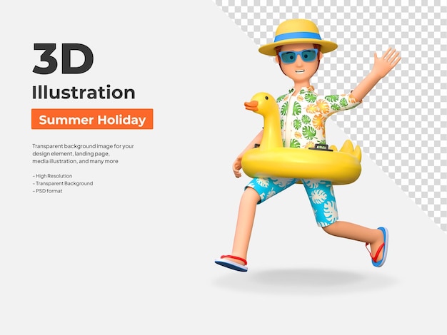 Young man traveler carrying inflatable duck ring for swimming in summer holiday 3d illustration