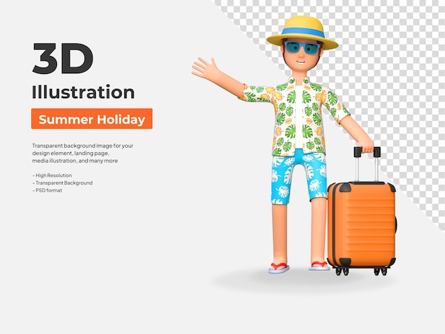 Молодой человек-путешественник с чемоданом на летних каникулах 3d иллюстрация персонажа мультфильма