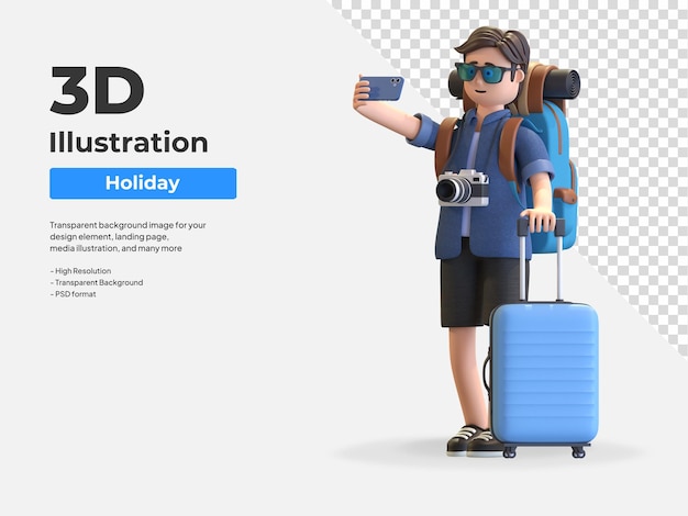 PSD スマートフォンの3dキャラクターイラストでセルフィー写真を撮る若い男性旅行者