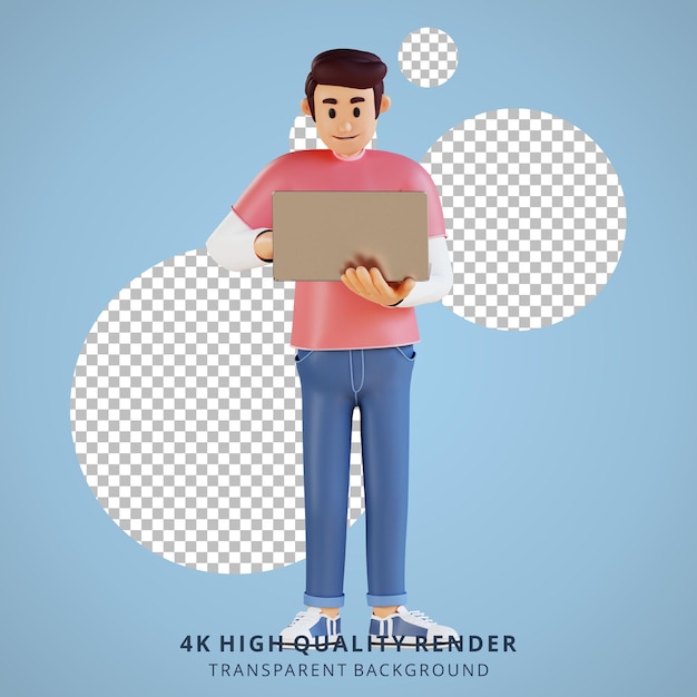 Young man using a laptop 3d character illustration
