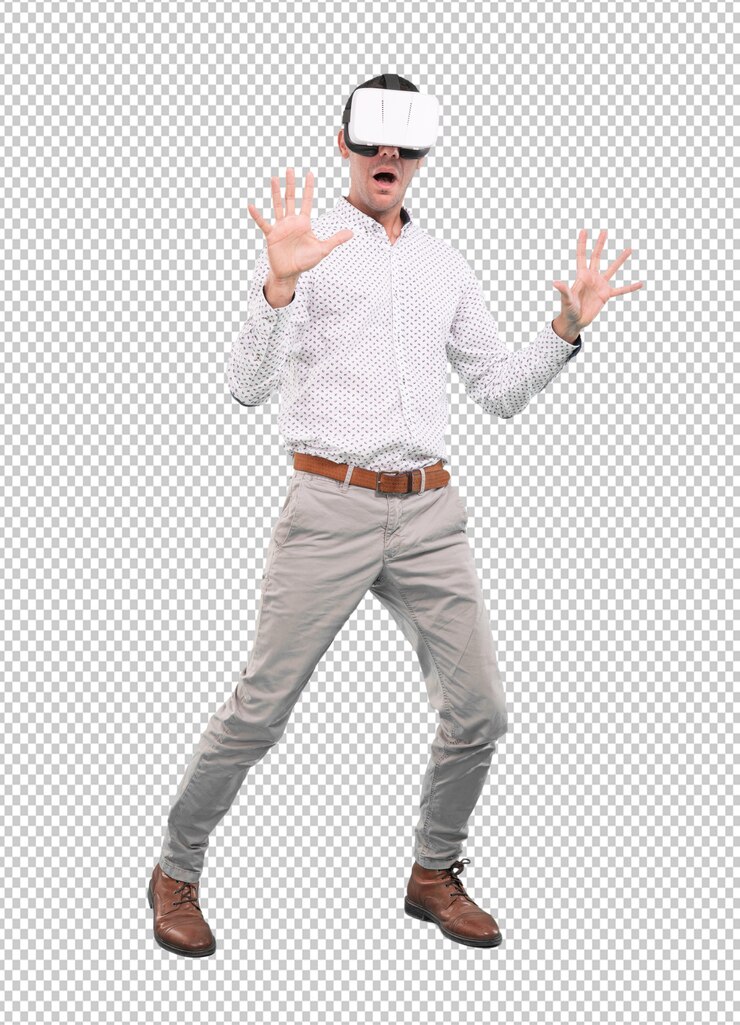 PSD young man using a virtual reality glasses - full body shot
