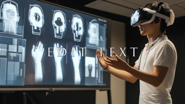 PSD young man using vr headset interacts with medical images displayed on a large screen