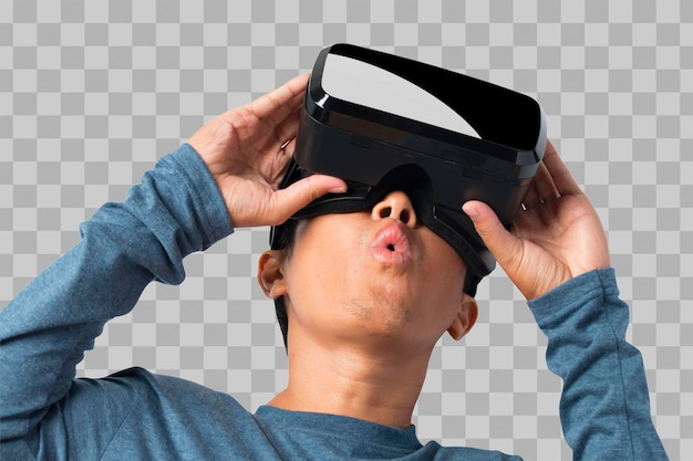 VR 가상 현실 헤드셋을 사용하는 청년