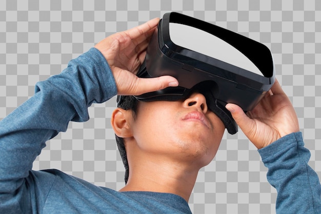 VR 가상 현실 헤드셋을 사용하는 청년