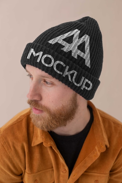 PSD young man wearing beanie mockup