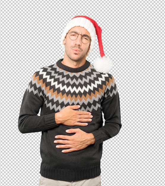PSD young man wearing a christmas hat while gesturing isolated