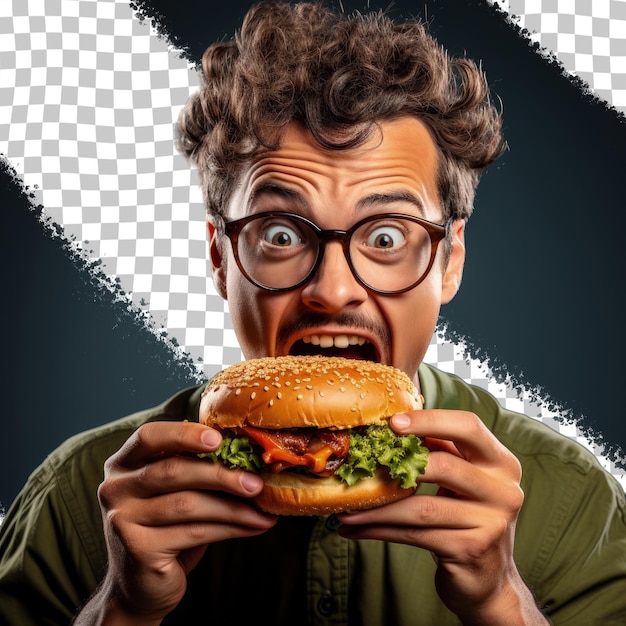 PSD 안경을 쓰고 점퍼를 입은 청년은 건강에 해로운 음식 선택을 묘사하는 투명한 배경에 대해 탐욕스럽게 배고픔을 표현하는 햄버거를 먹습니다