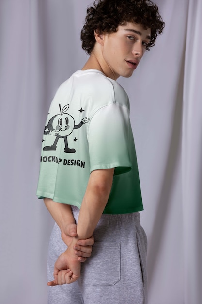 Young man wearing a mock-up crop top