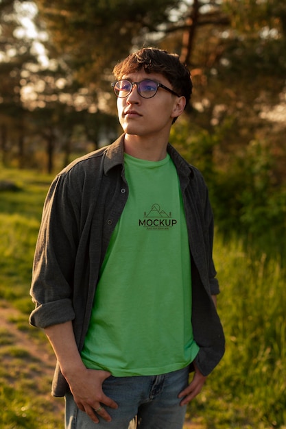 PSD young man wearing a mock-up t-shirt outside