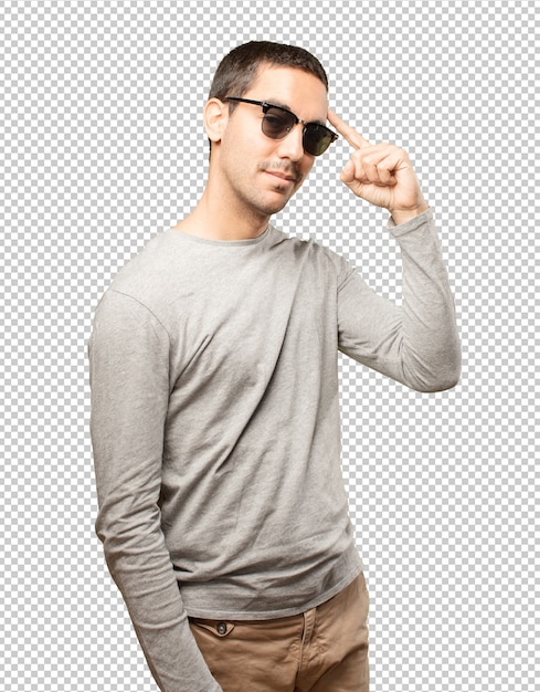 PSD young man wearing sunglasses and doing gestures