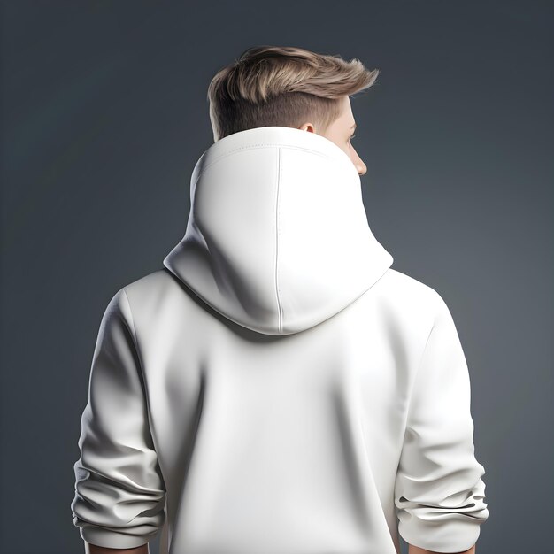 Young man in white hoodie on a gray background back view