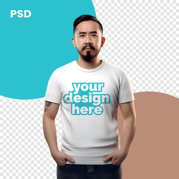 PSD young man in white tshirt with slogan psd mockup