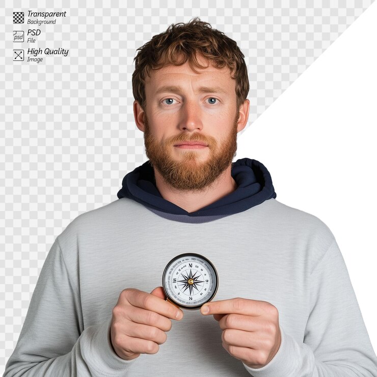 PSD young man with a beard holding a compass on a transparent background portraying a sense of exploration direction and adventure the casual outfit suggests travel and discovery amidst uncertain paths