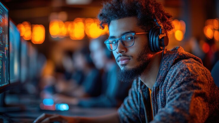 PSD a young man with headphones and glasses is looking at the camera while sitting at a computer in a dimly lit room with other people in the background
