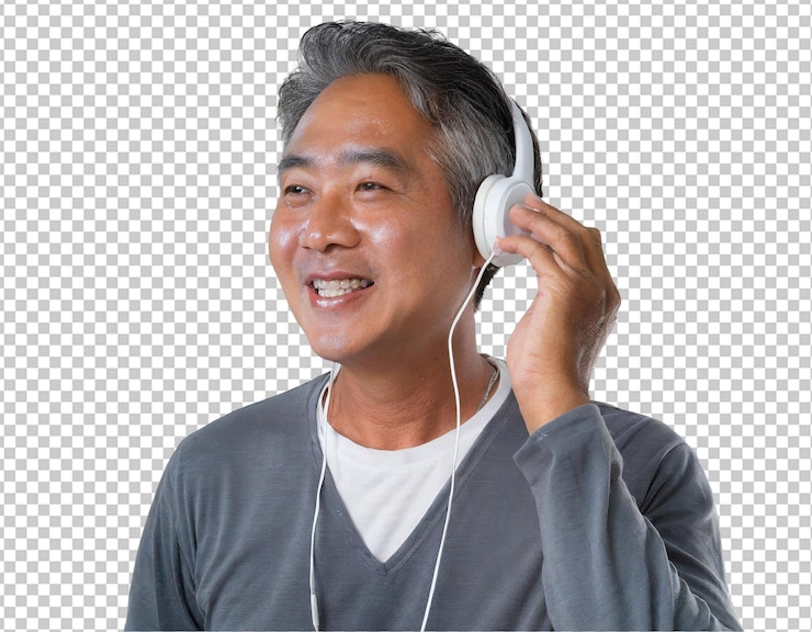 PSD 戴著耳機的年輕人聽著音樂,在透明的背景上微笑著