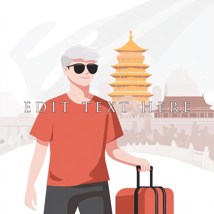 PSD young man with luggage traveling in china