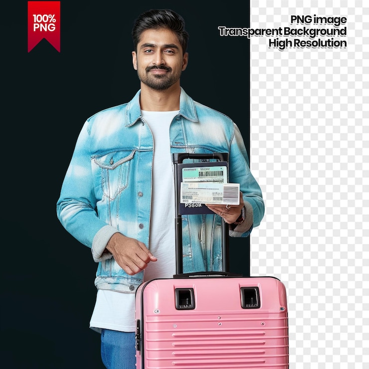 PSD young man with passport and suitcase ready for journey