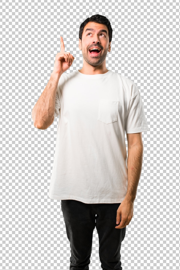 PSD young man with white shirt intending to realizes the solution while lifting a finger up
