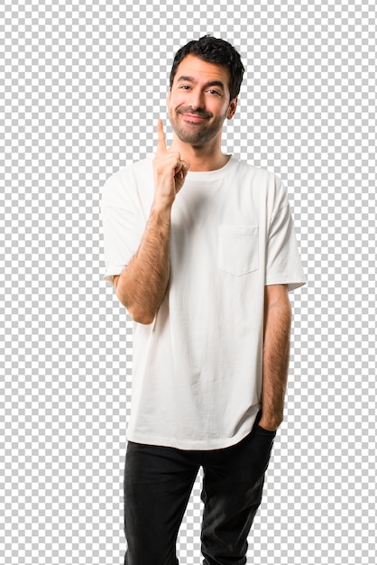 Young man with white shirt showing and lifting a finger in sign of the best