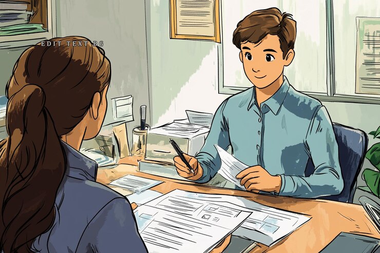PSD young man and woman review documents at desk