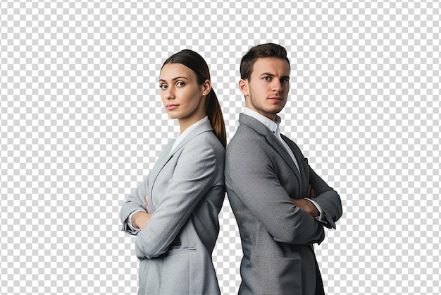 PSD young man and woman standing backtoback with crossed hands against on white isolated background