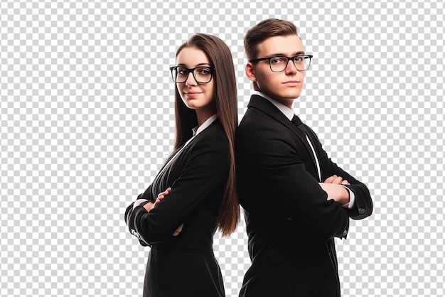 Young man and woman standing backtoback with crossed hands against on white isolated background