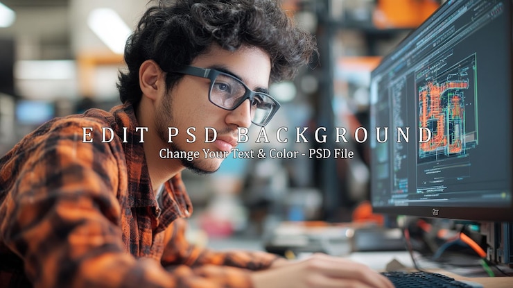 PSD young man working on a computer