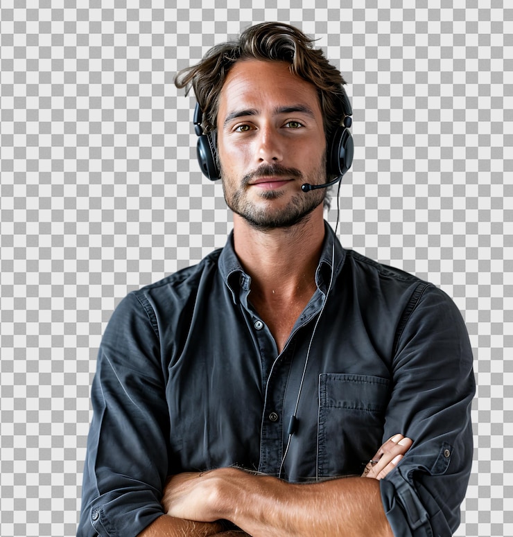 PSD young man working in customer service on isolated transparent background