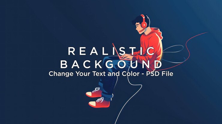 PSD young man working on a laptop with headphones