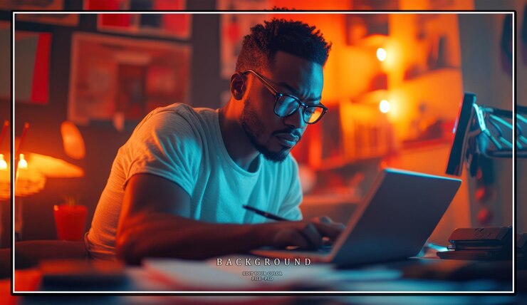 PSD a young man works on his laptop at home
