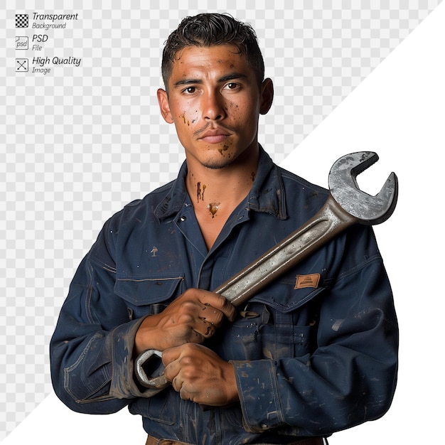 PSD young mechanic holding a large wrench dressed in workwear