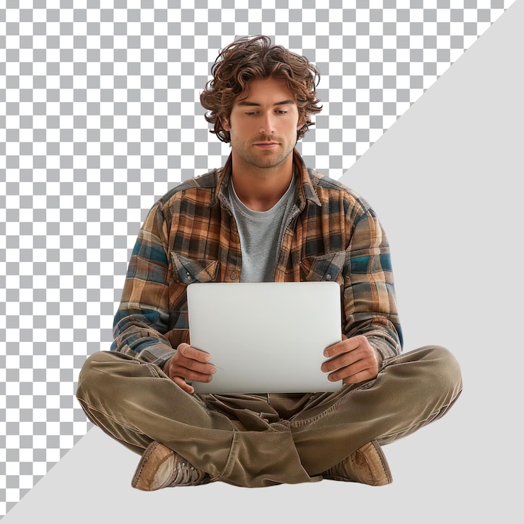 PSD young men working on laptops sitting crosslegged isolated on transparent background