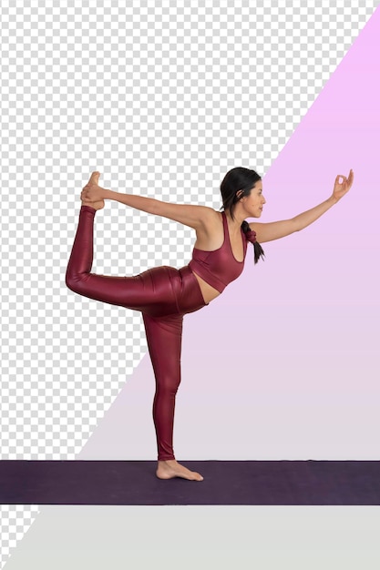 PSD young mexican woman practicing yoga does a standing pose