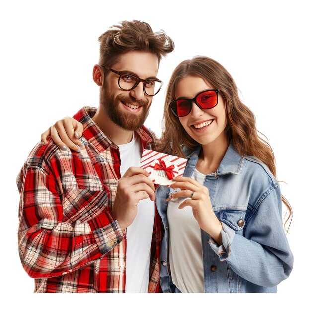 PSD young minded couple two friends woman man wear casual shirt hold gift certificate coupon voucher card for store