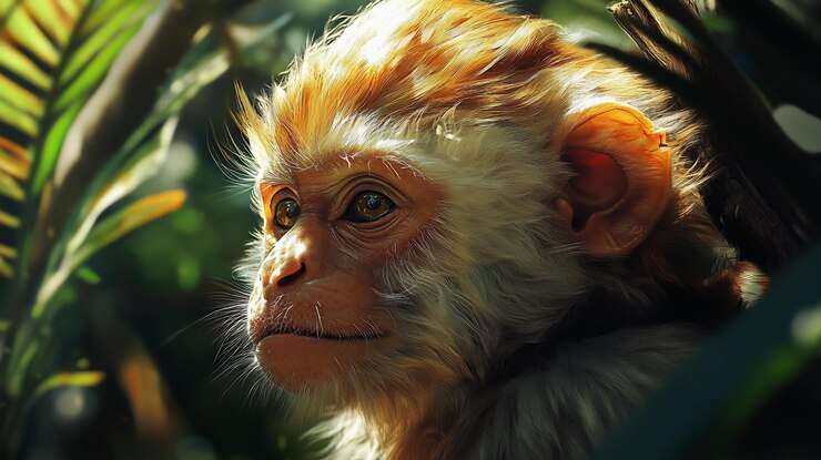 PSD a young monkey with golden fur sits amidst lush green foliage sunlight illuminating its face