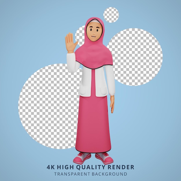 Young muslim girl wave hands 3d character illustration