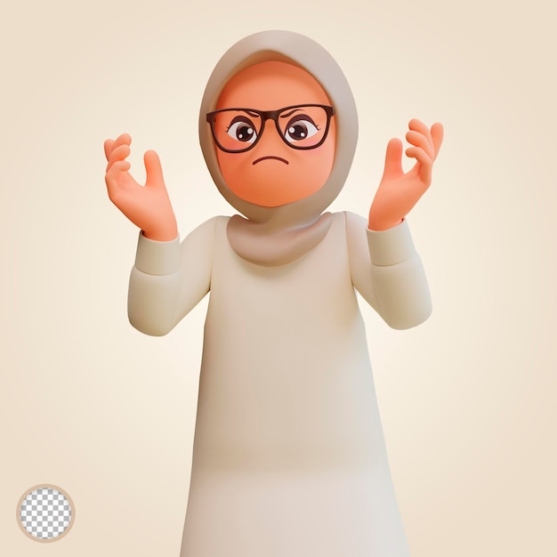 Young muslim woman expressing negative emotions displeased 3d cartoon illustration