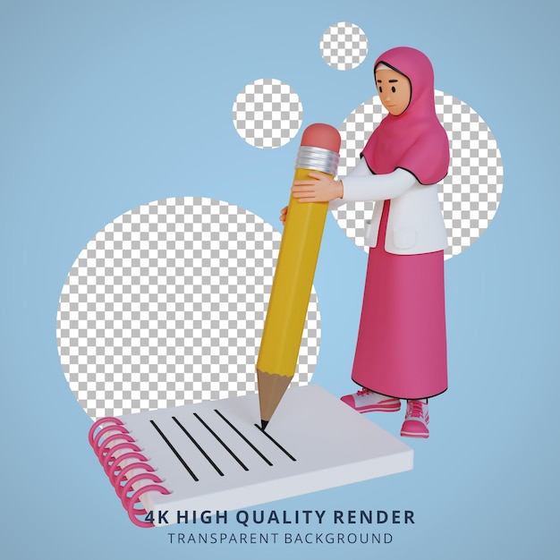 Young muslim woman holding pencil 3d cartoon character illustration