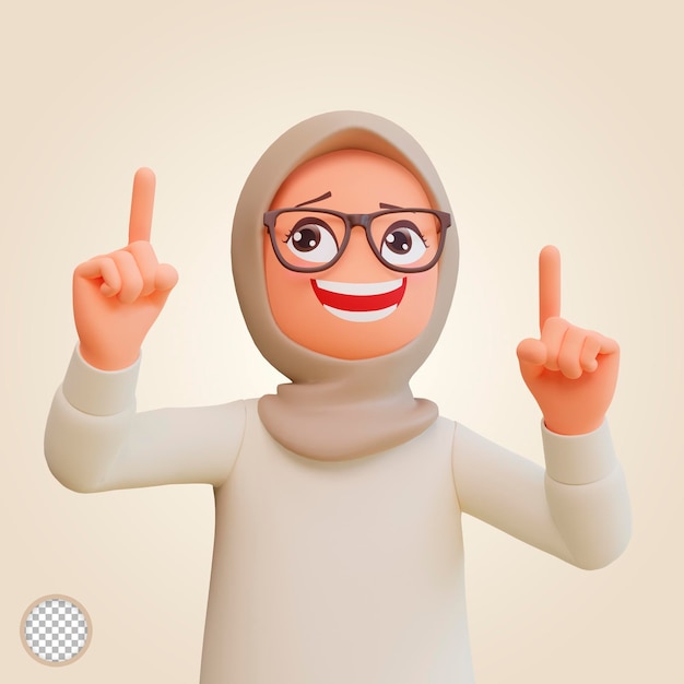 Young muslim woman pointing up 3d cartoon illustration